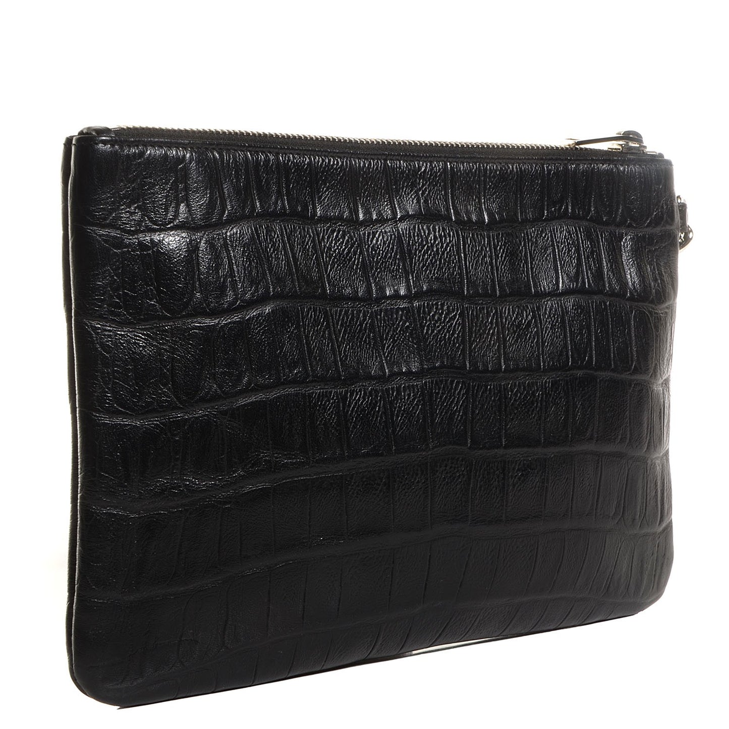 Calfskin Crocodile Embossed Monogram Zip Pouch Black