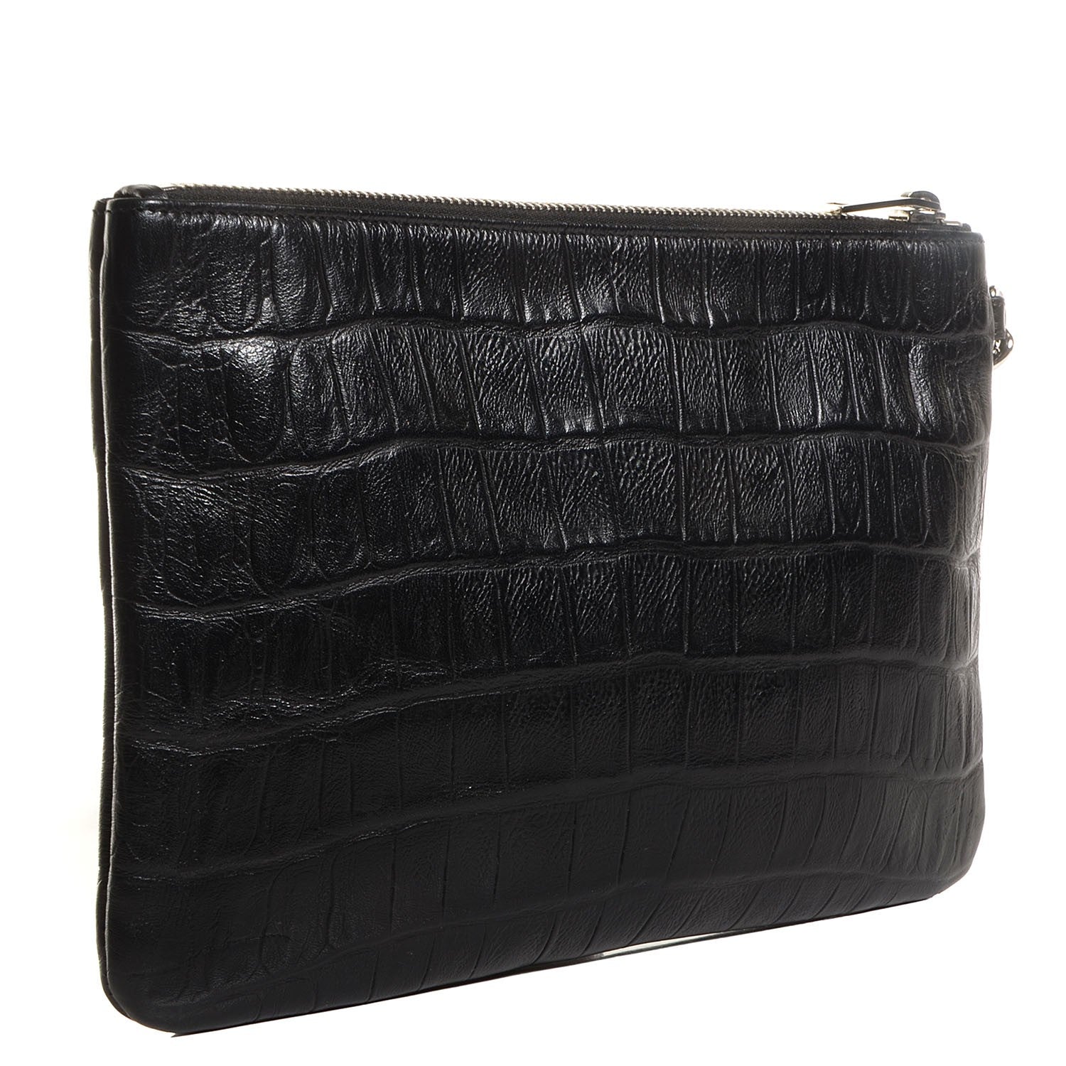 Saint Laurent Calfskin Crocodile Embossed Monogram Zip Pouch Black 3 of 9