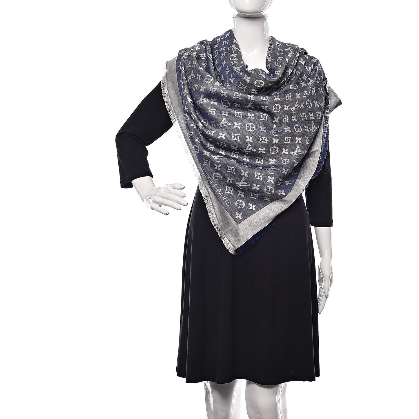 Silk Wool Monogram Denim Shawl Blue