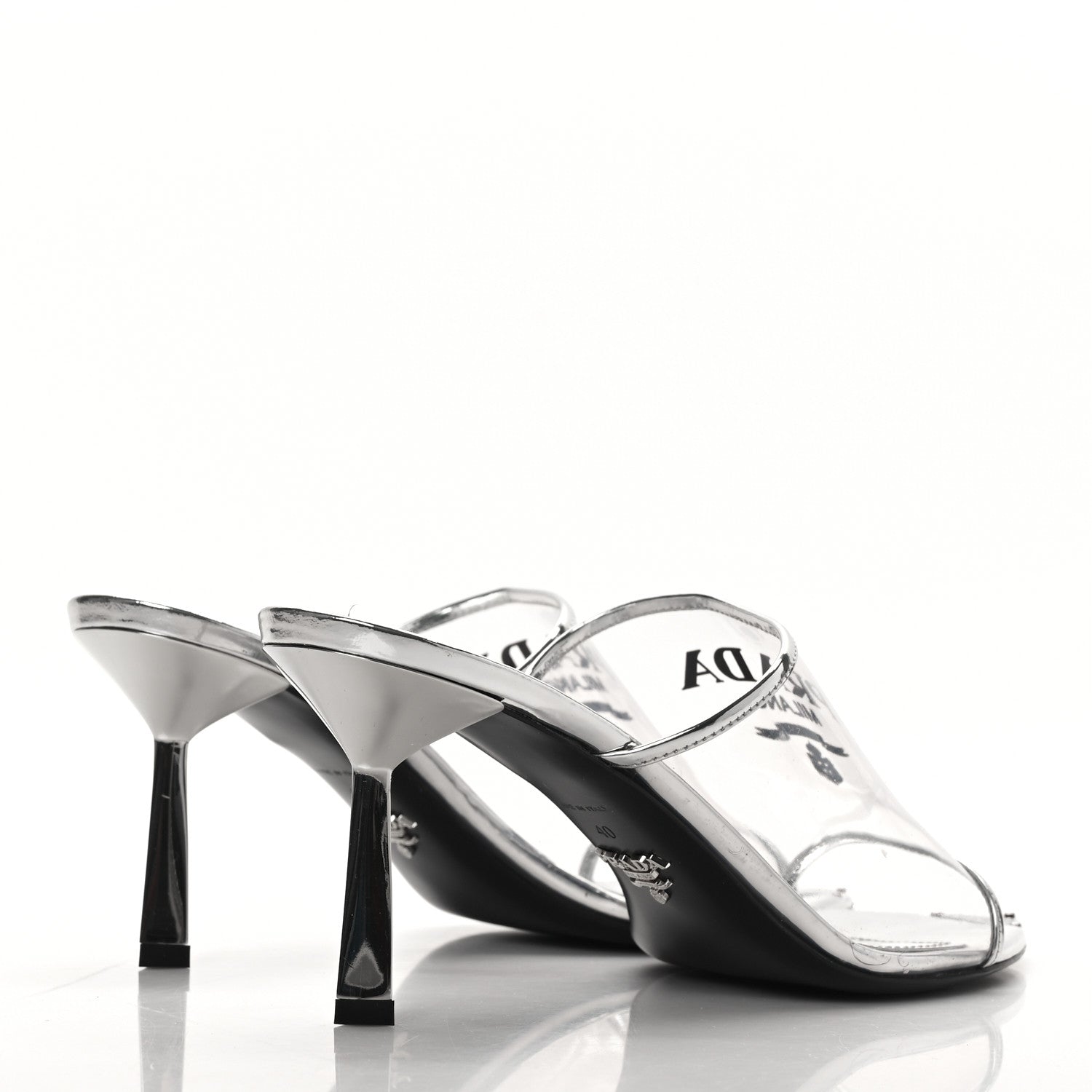 Prada Plexiglass Metallic Calfskin Metal Triangle Logo 75mm Slide Sandals 40 Argento 4 of 8