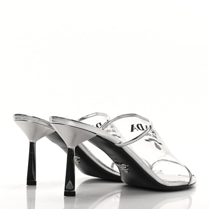 Prada Plexiglass Metallic Calfskin Metal Triangle Logo 75mm Slide Sandals 40 Argento 4 of 8
