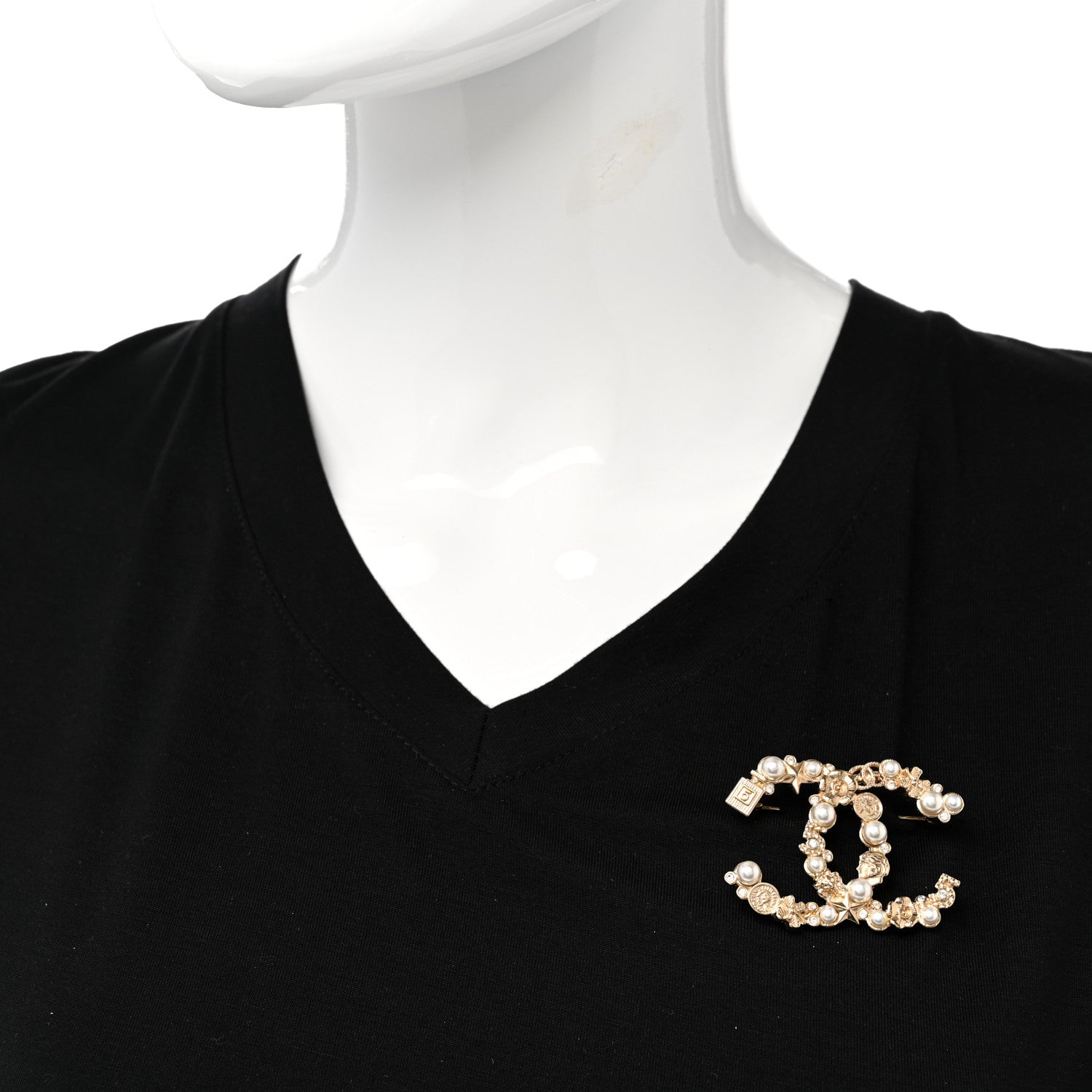 Chanel Crystal Pearl CC Charms Brooch Gold 2 of 6