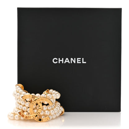 Chanel Pearl Metal CC Paris Button Multistrand Bracelet Gold White 6 of 6