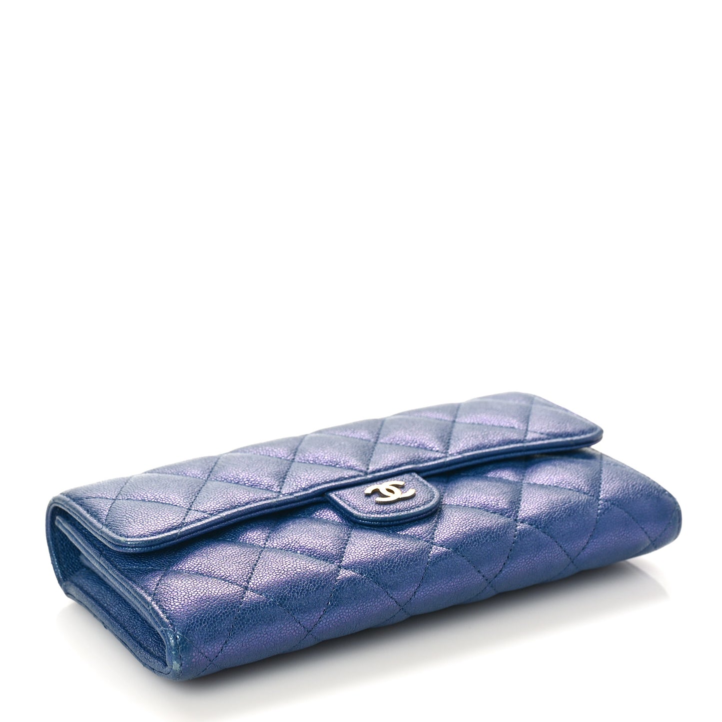 Iridescent Caviar Quilted Large Gusset Flap Wallet Dark Blue