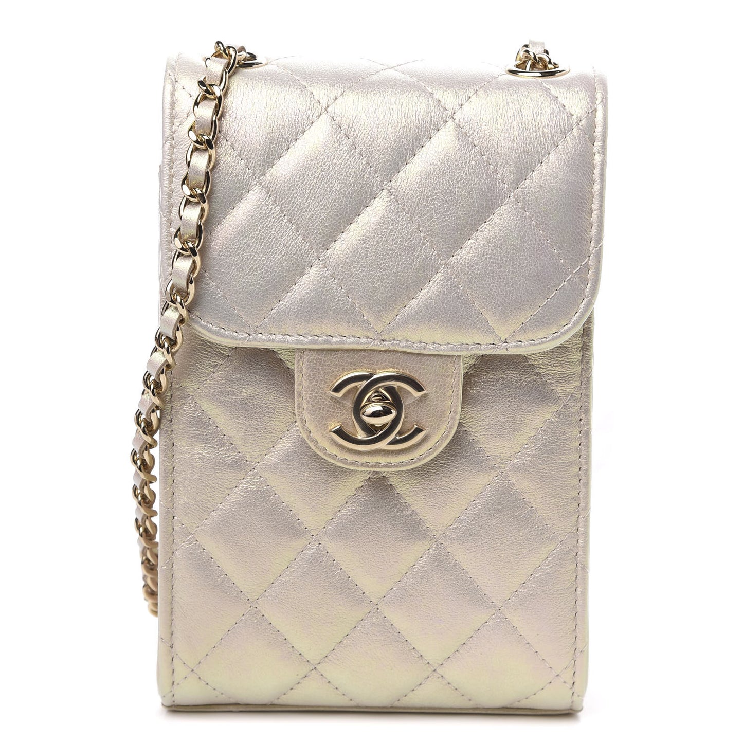 Iridescent Lambskin Quilted CC Phone Holder Ivory