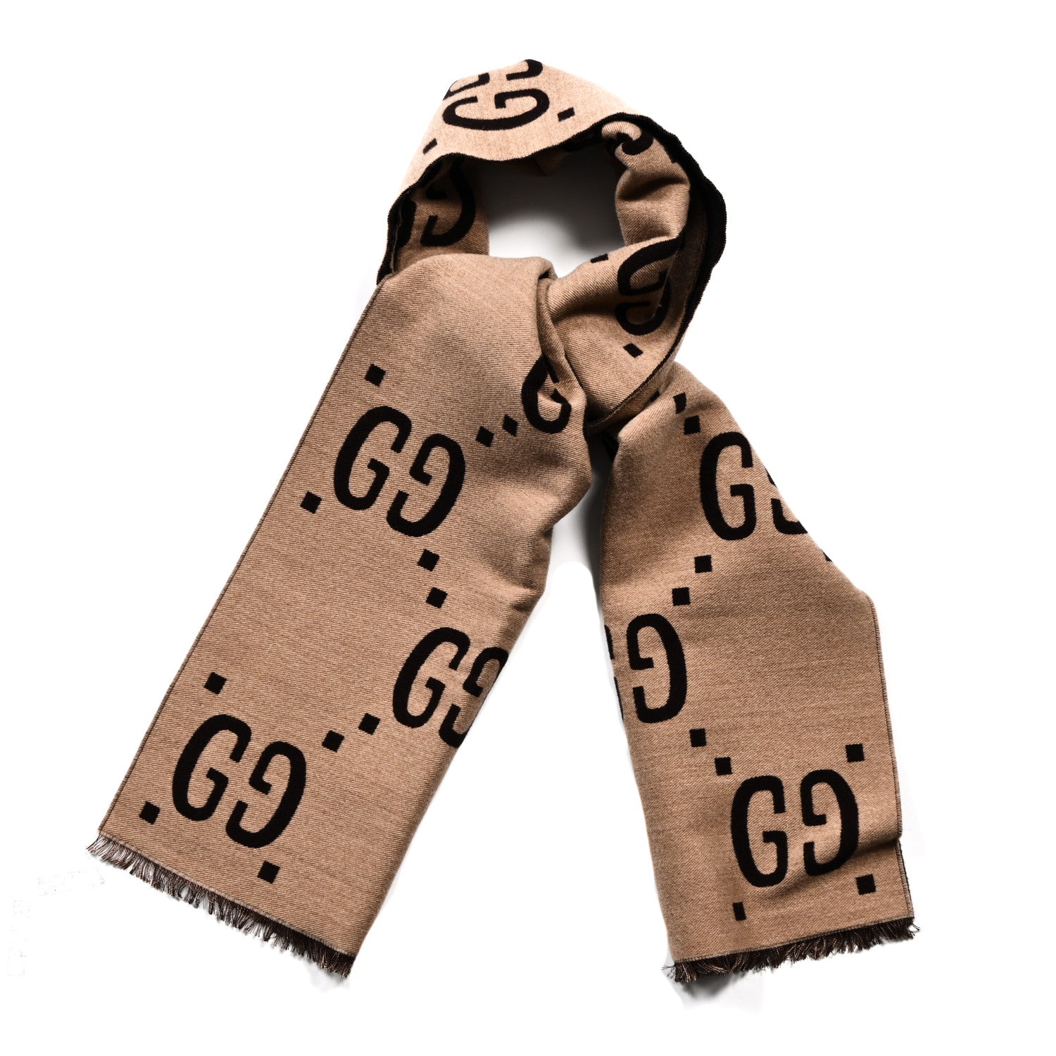 Gucci Wool Silk Monogram Jumbo GG Freedom Scarf Dark Brown Beige 1 of 3