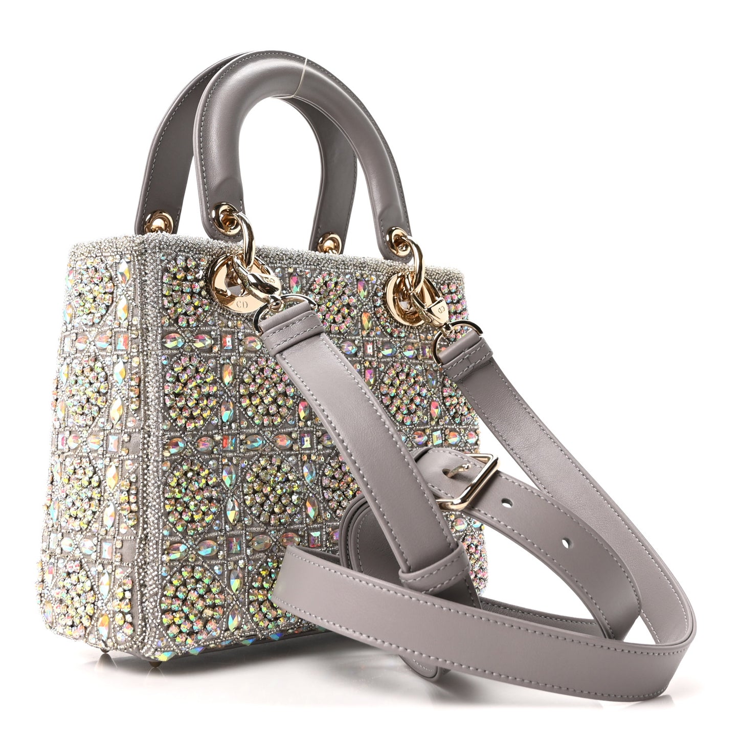 Calfskin Satin Celestial Bead Embroidery Embroidered Small Lady Dior Grey Multicolor
