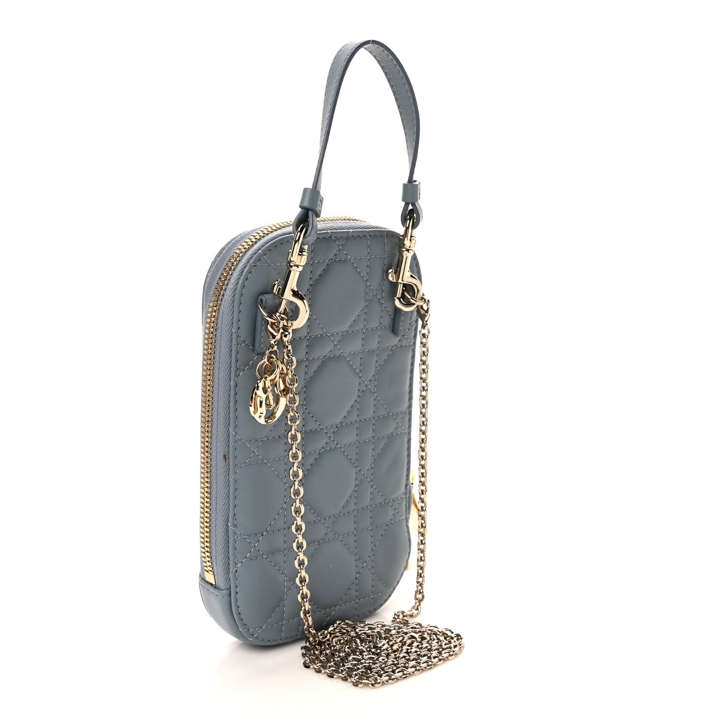 Lambskin Cannage Lady Dior Phone Holder Cloud Blue
