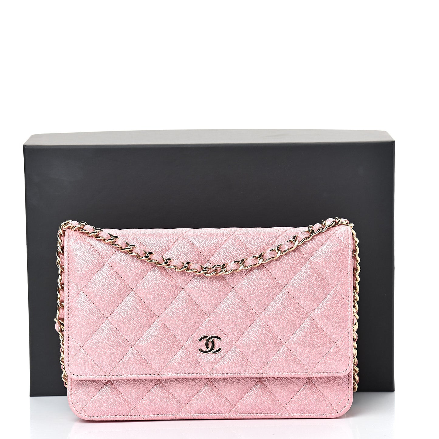 Iridescent Caviar Quilted Wallet on Chain WOC Rose Pink