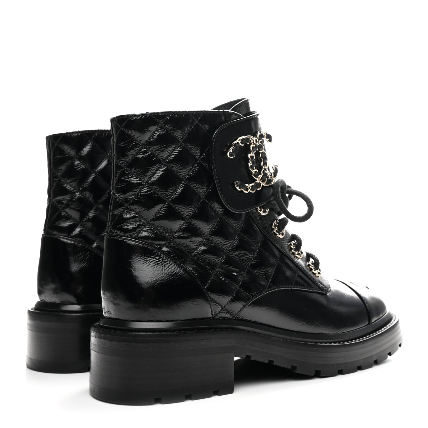 Shiny Calfskin Quilted Lace Up Combat Boots 36.5 Black