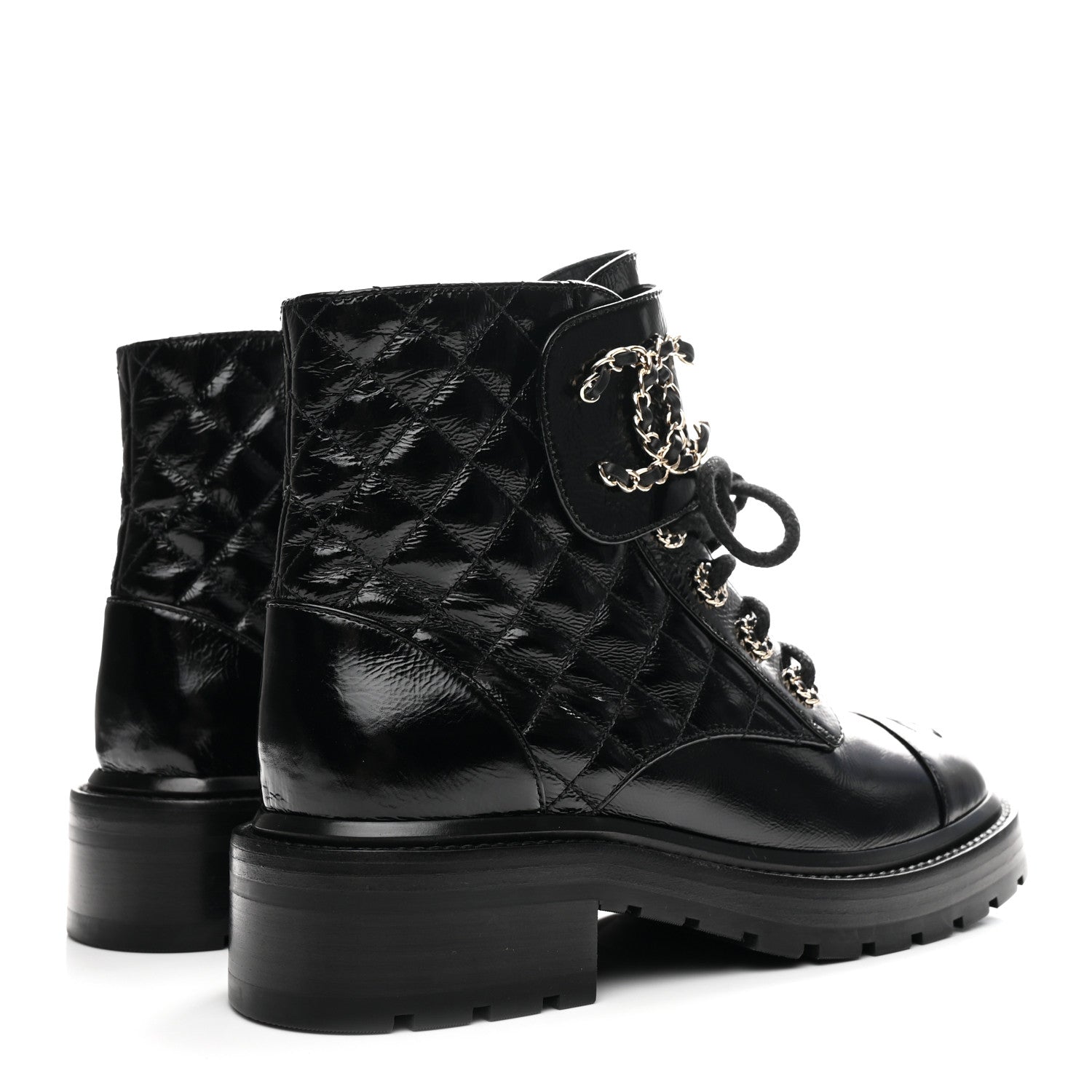 Chanel Shiny Calfskin Quilted Lace Up Combat Boots 36.5 Black 5 of 11