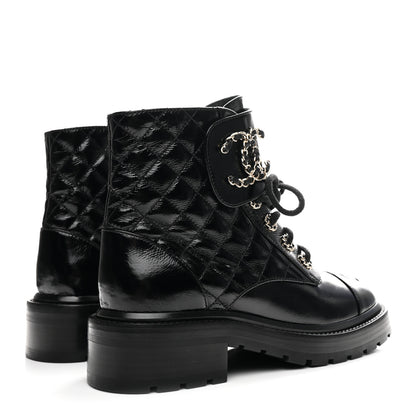 Chanel Shiny Calfskin Quilted Lace Up Combat Boots 36.5 Black 5 of 11