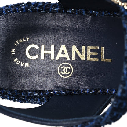 Chanel Silk Linen Tweed Quilted CC Platform Sandals 39.5 Navy Blue Gray 9 of 11