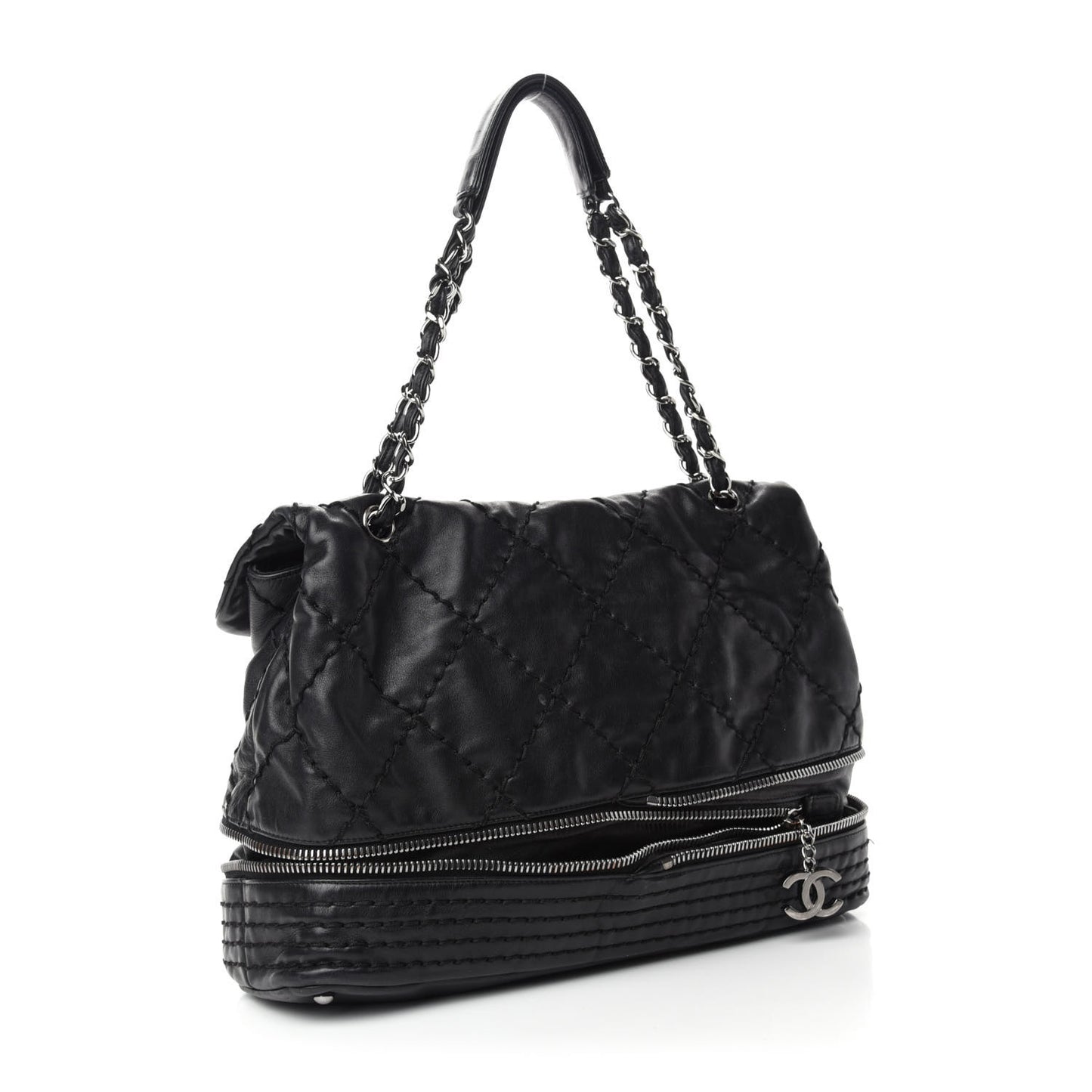 Calfskin Stitched Large Expandable Flap Bag Black