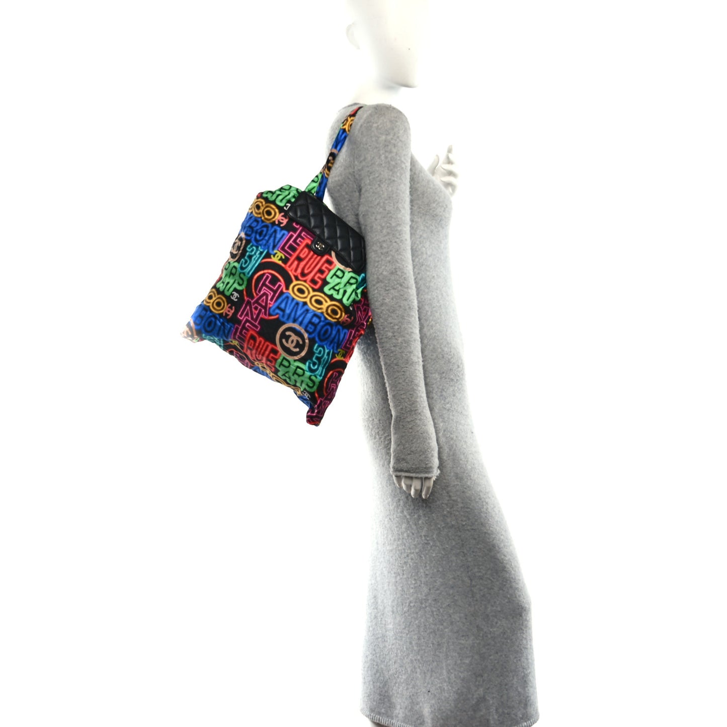 Caviar Fabric Graffiti Foldable Tote Bag With Chain Black Multicolor