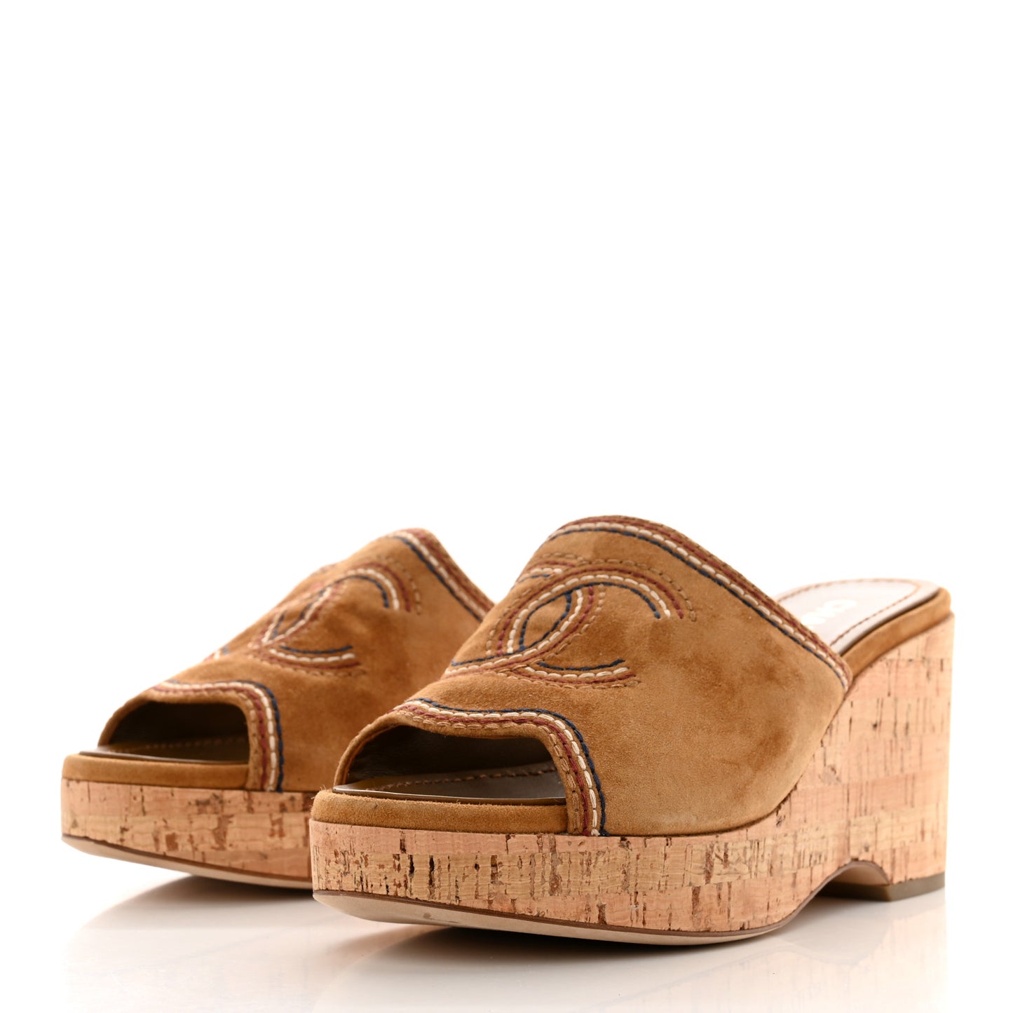 Suede Calfskin Cork CC Wedge Sandal 36.5 Brown