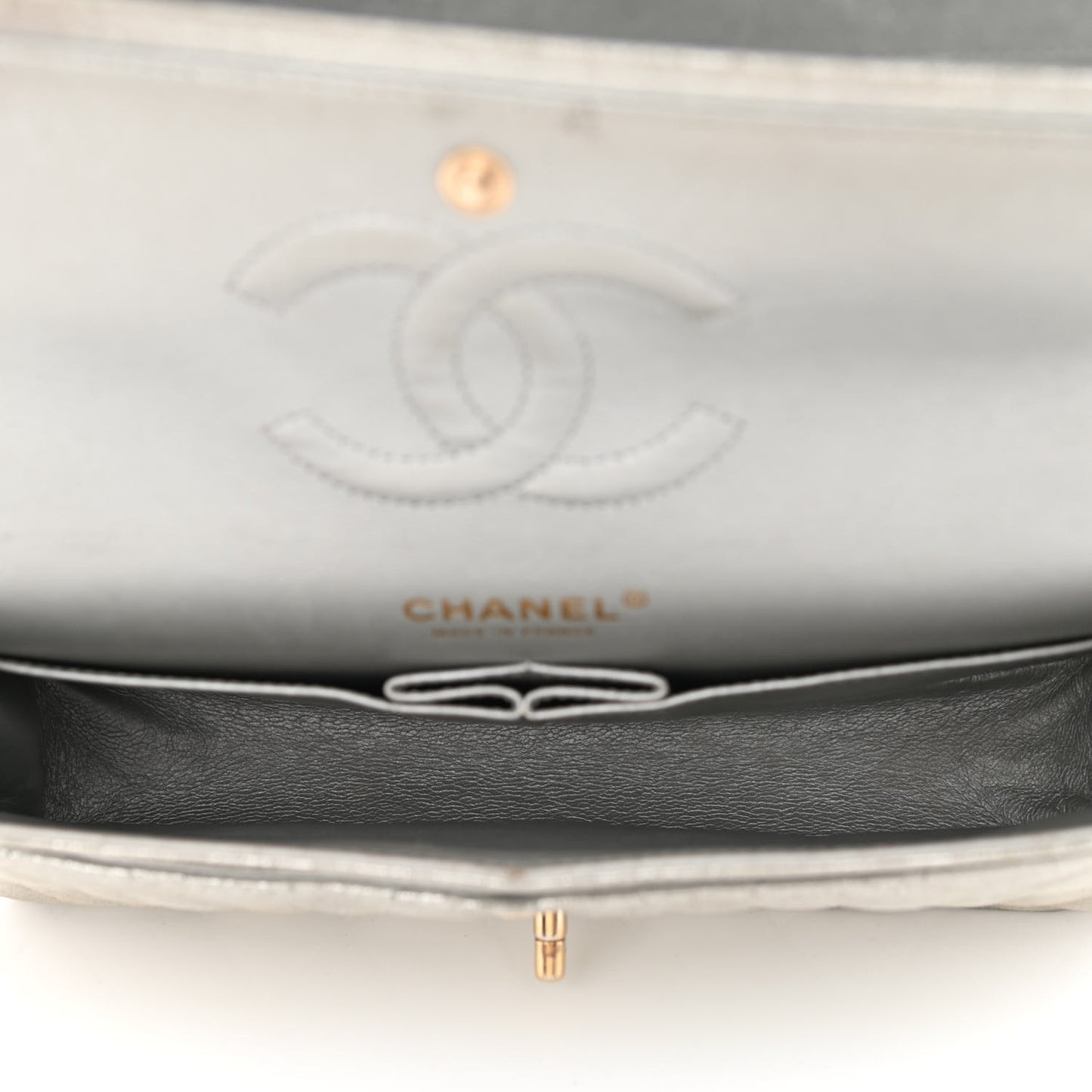 Iridescent Calfskin Medium Double Flap Silver