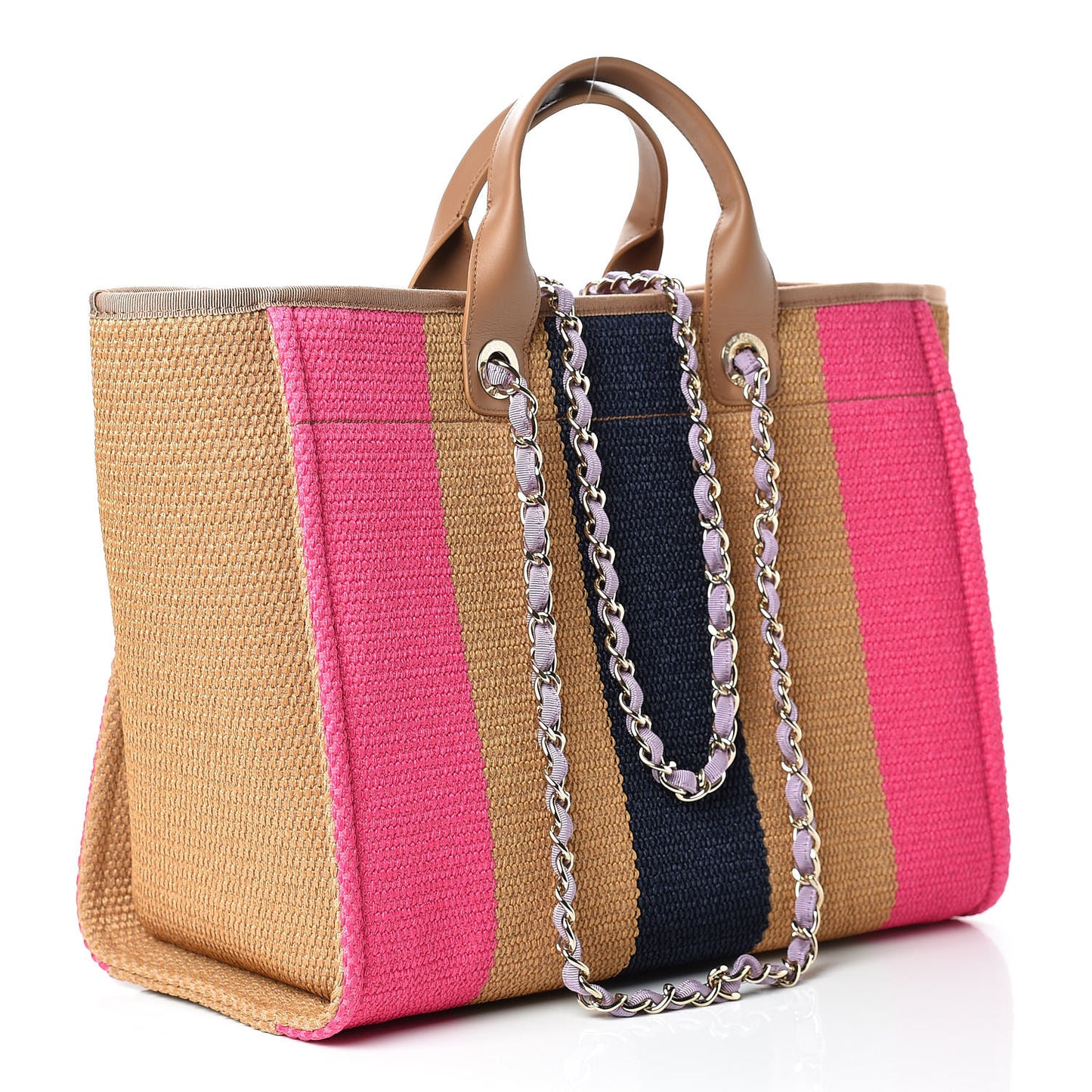 Straw Raffia Calfskin Striped Large Deauville Tote Dark Beige Fuchsia Navy Blue