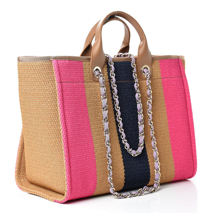 Chanel Straw Raffia Calfskin Striped Large Deauville Tote Dark Beige Fuchsia Navy Blue 4 of 12