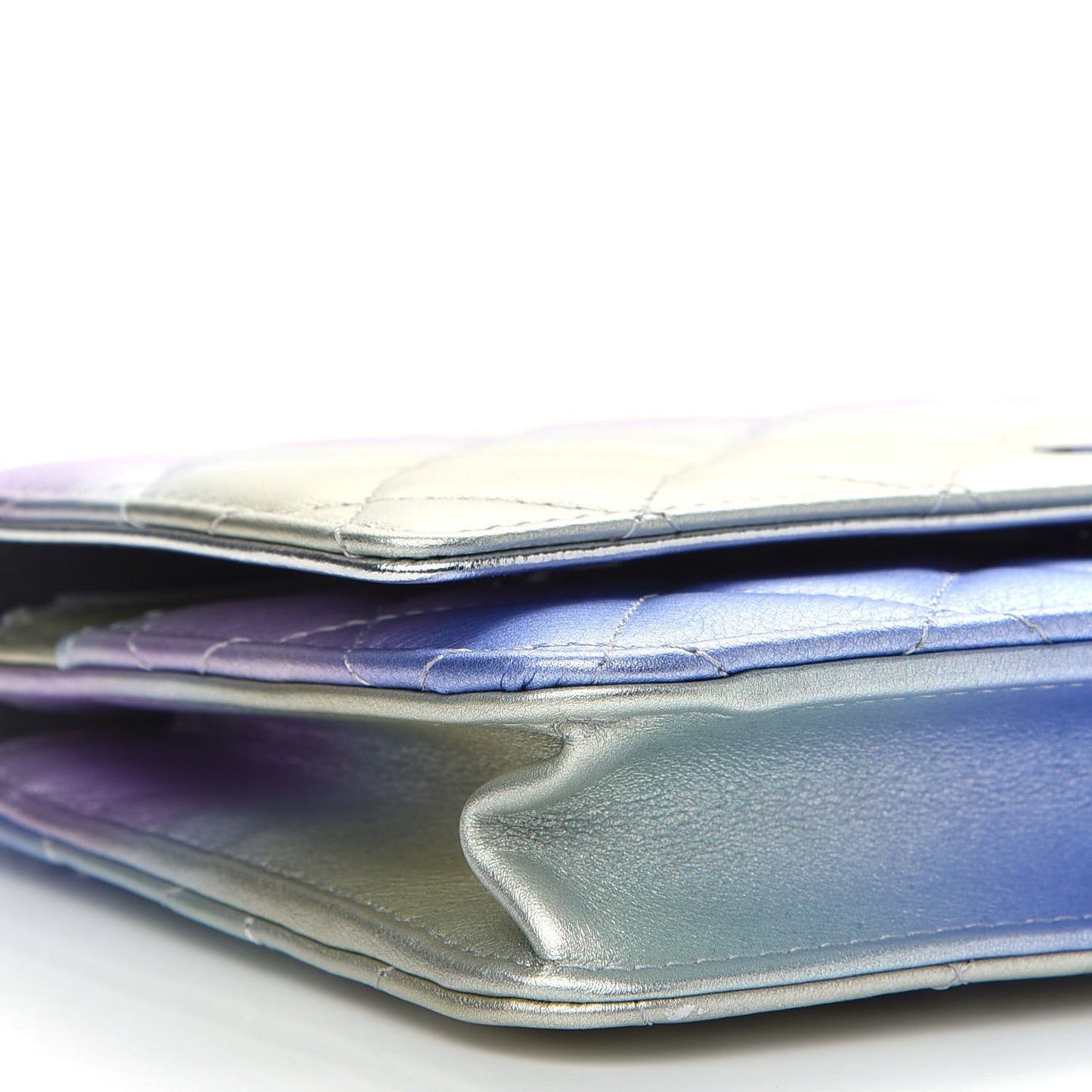 Gradient Metallic Calfskin Quilted Wallet On Chain WOC Silver Blue Yellow Purple