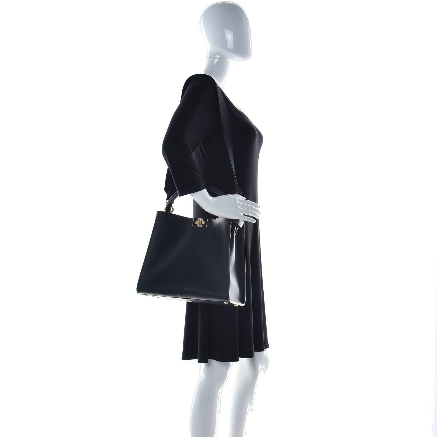 Fendi Vitello Seta Glazed Fabric FF 1974 Medium Peekaboo X-Lite Black Mogano Panna 2 of 12