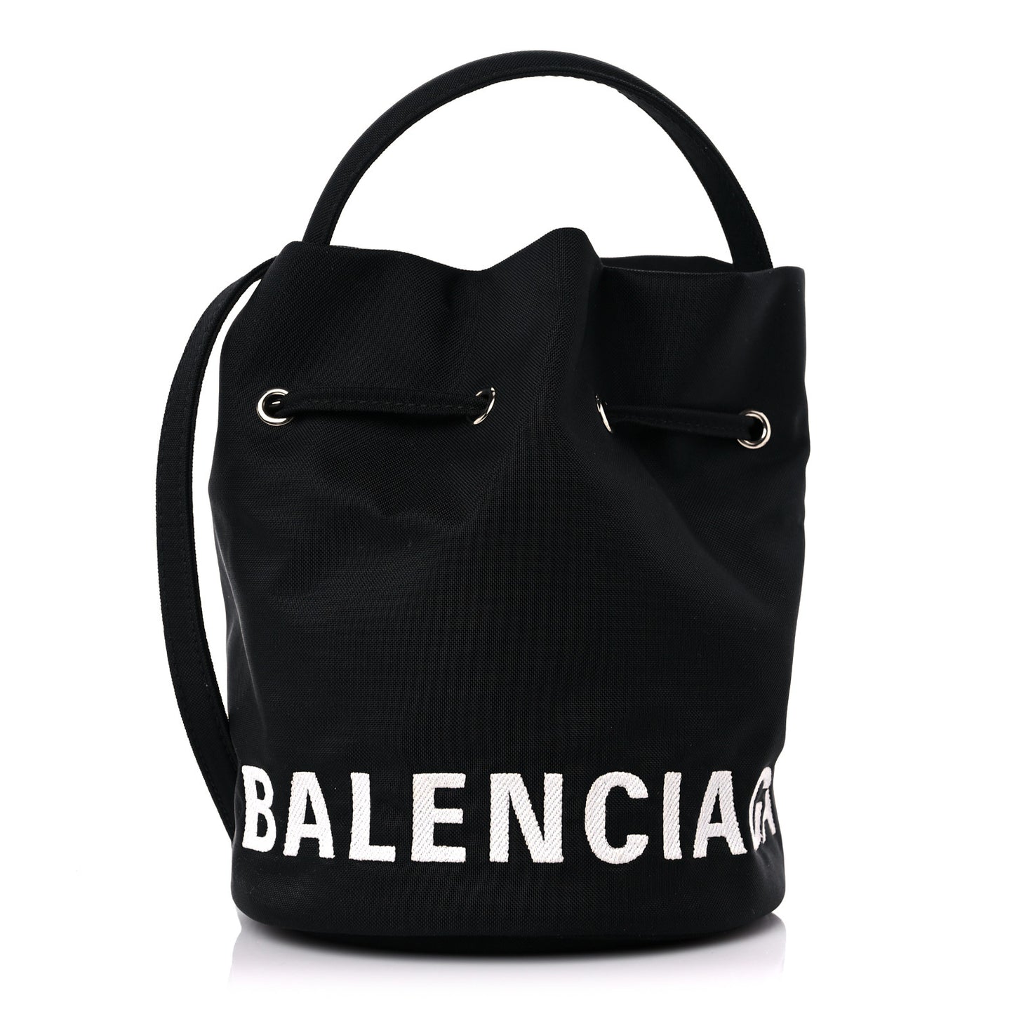 Recycled Sport Nylon Logo Embroidered Wheel Drawstring Bucket Bag XS Black