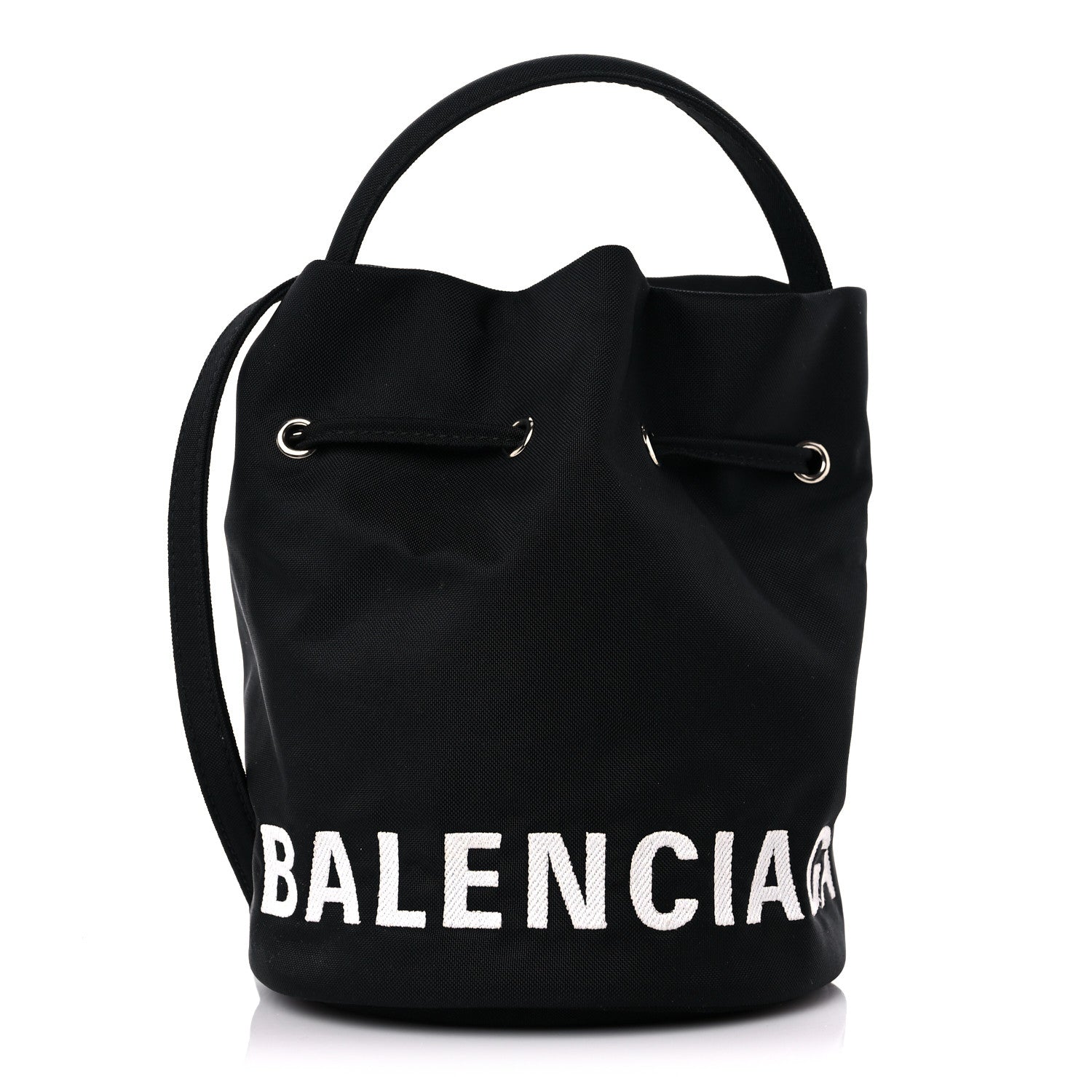 Balenciaga Recycled Sport Nylon Logo Embroidered Wheel Drawstring Bucket Bag XS Black 1 of 10