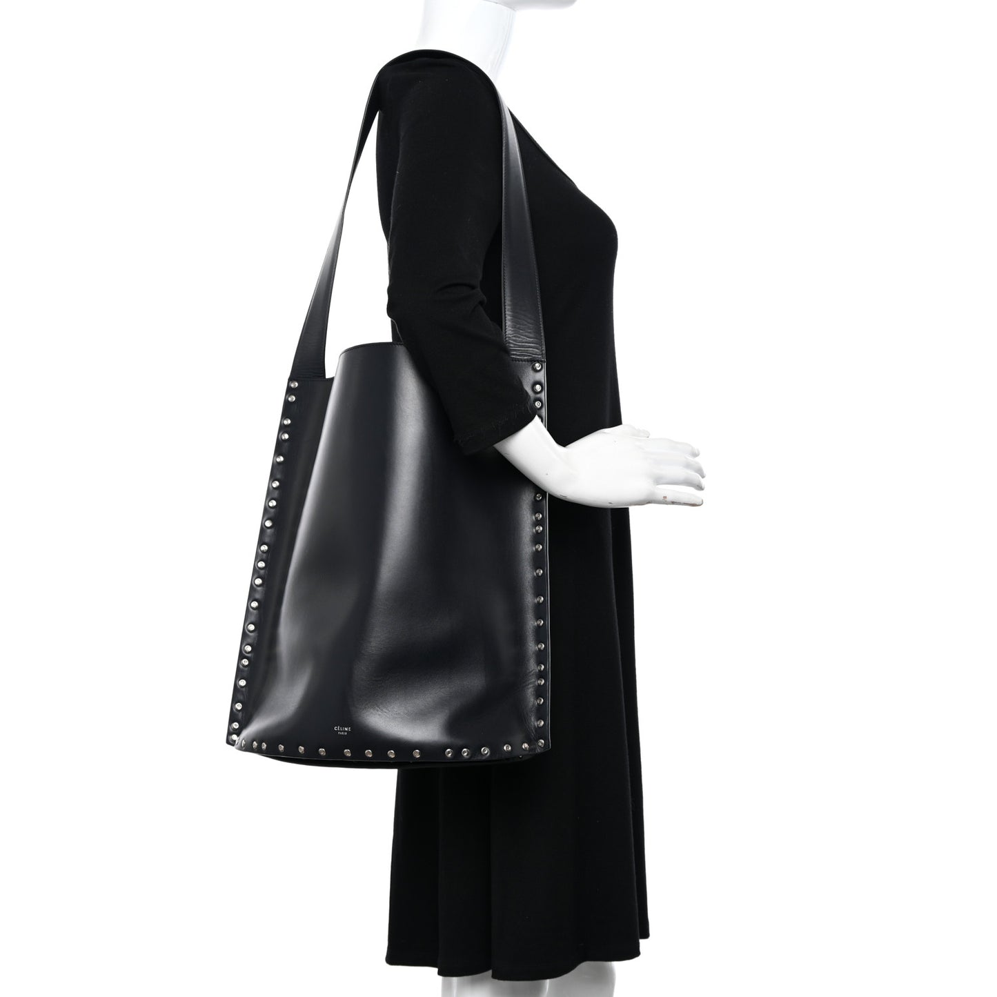 Satinated Natural Calfskin Large Studs Bucket Shoulder Bag Black