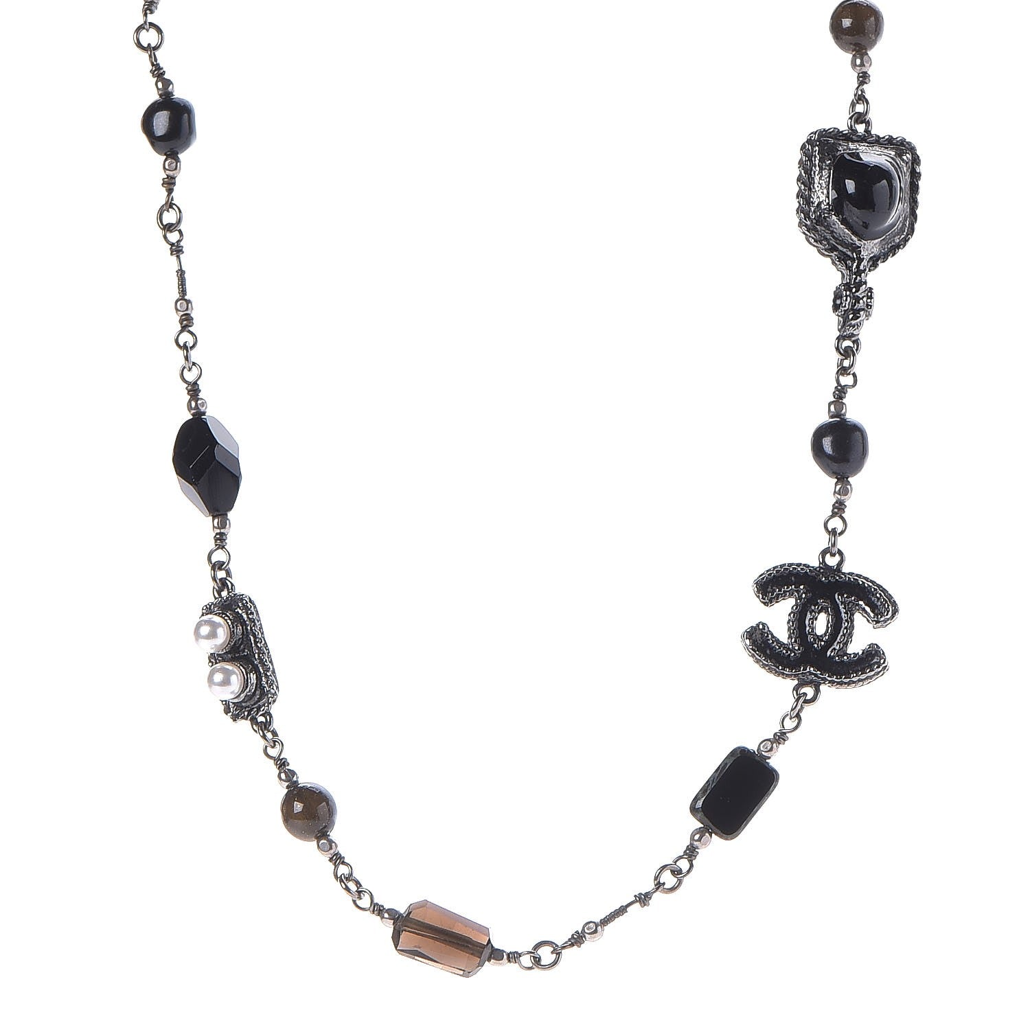 Chanel Pearl Enamel Bead CC Necklace Ruthenium Black Silver 1 of 8