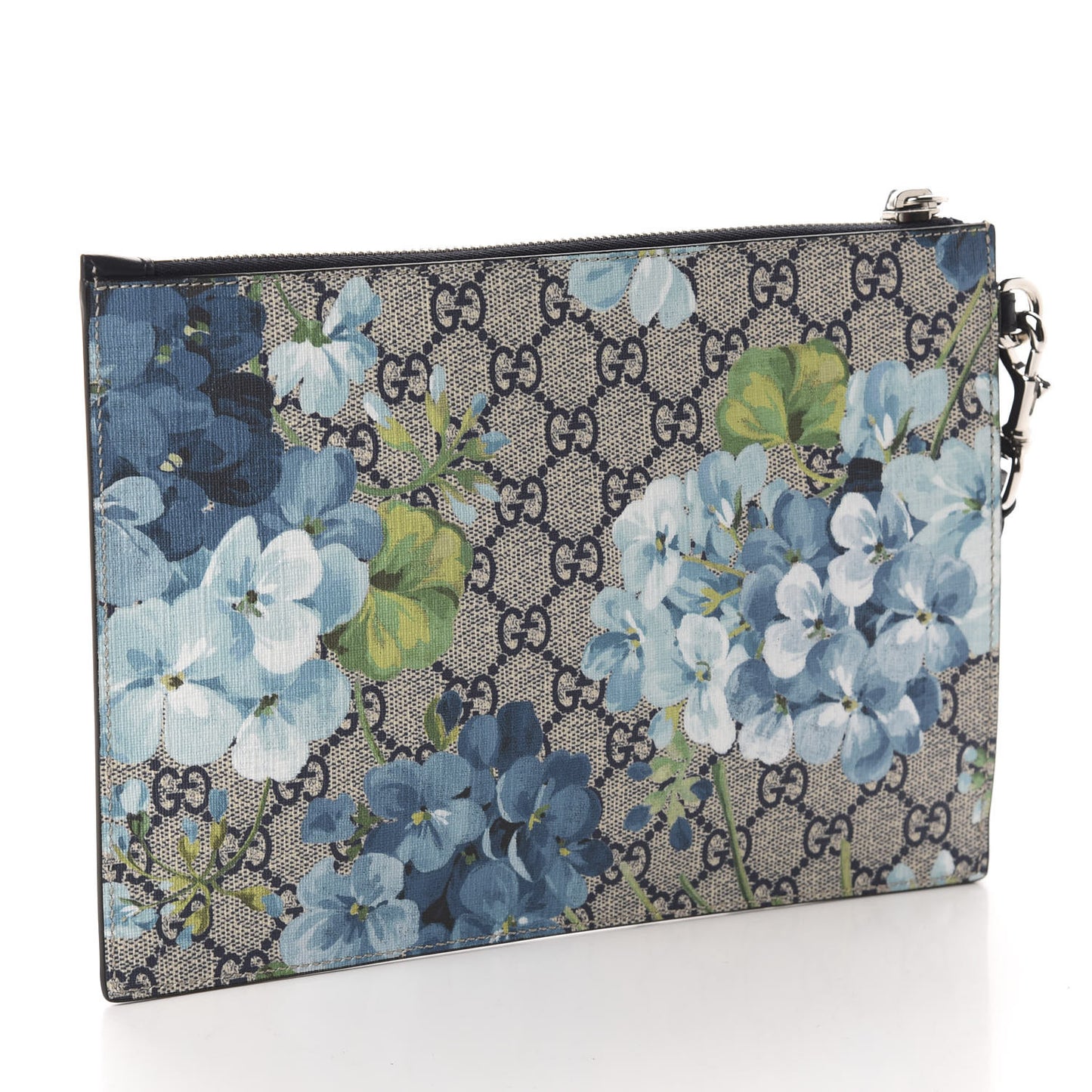 GG Supreme Monogram Blooms Small Zip Wristlet Pouch Beige Blue Black