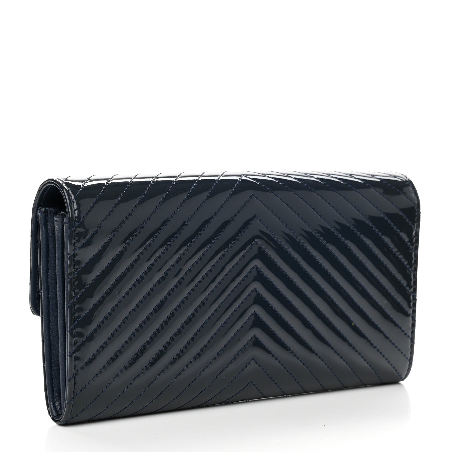 Chanel Patent Chevron Quilted Large Gusset Flap Wallet Navy 3 of 10