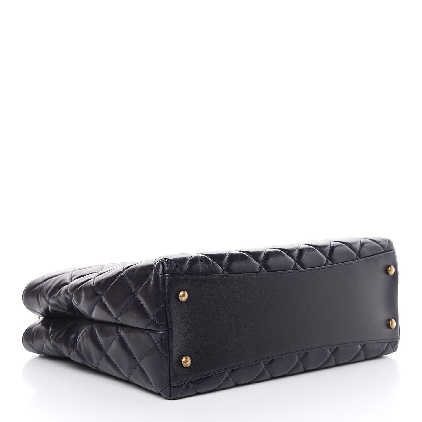 Calfskin Quilted Large Gold Bar Top Handle Tote Dark Navy Blue