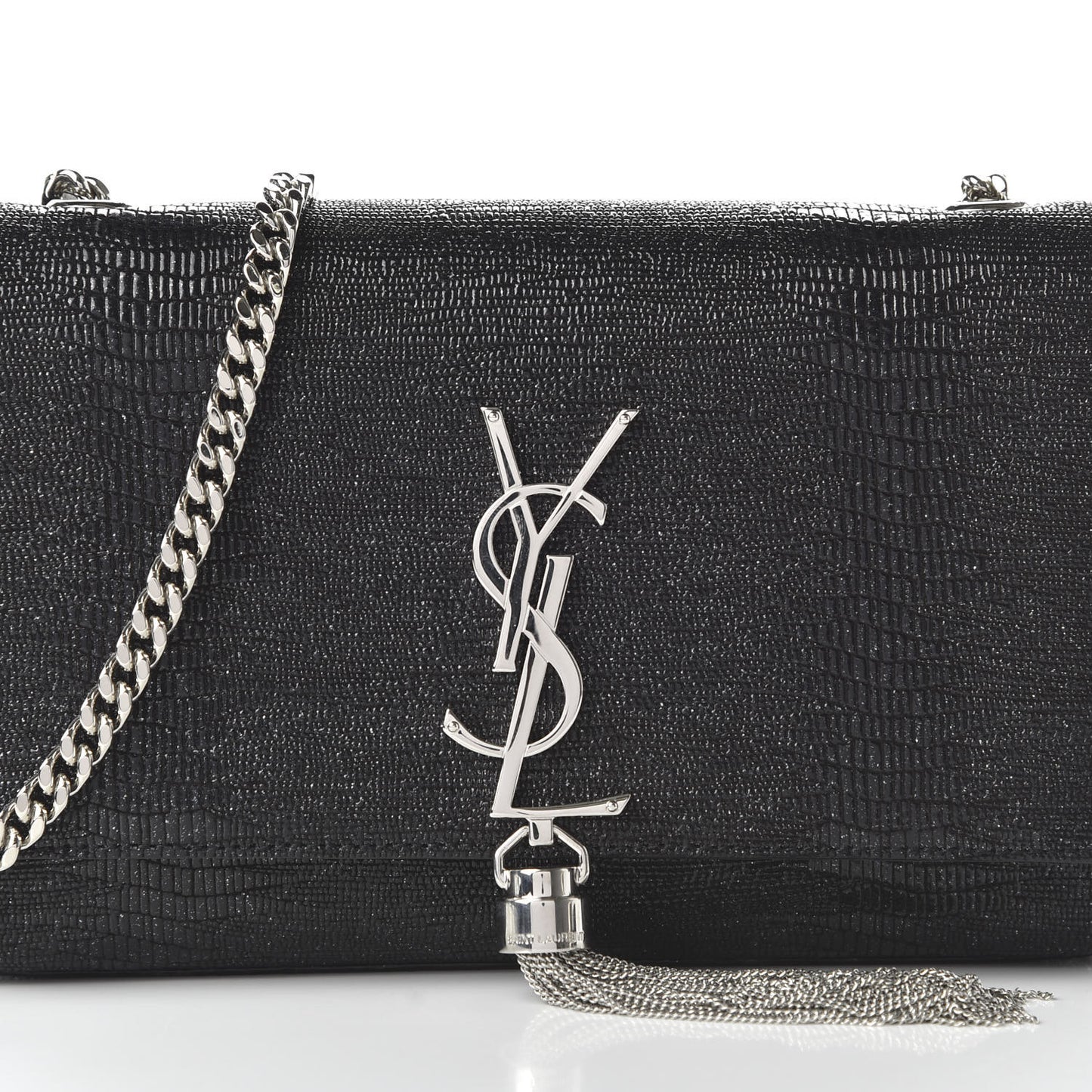 Calfskin Lizard Embossed Small Classic Monogram Kate Tassel Satchel Black