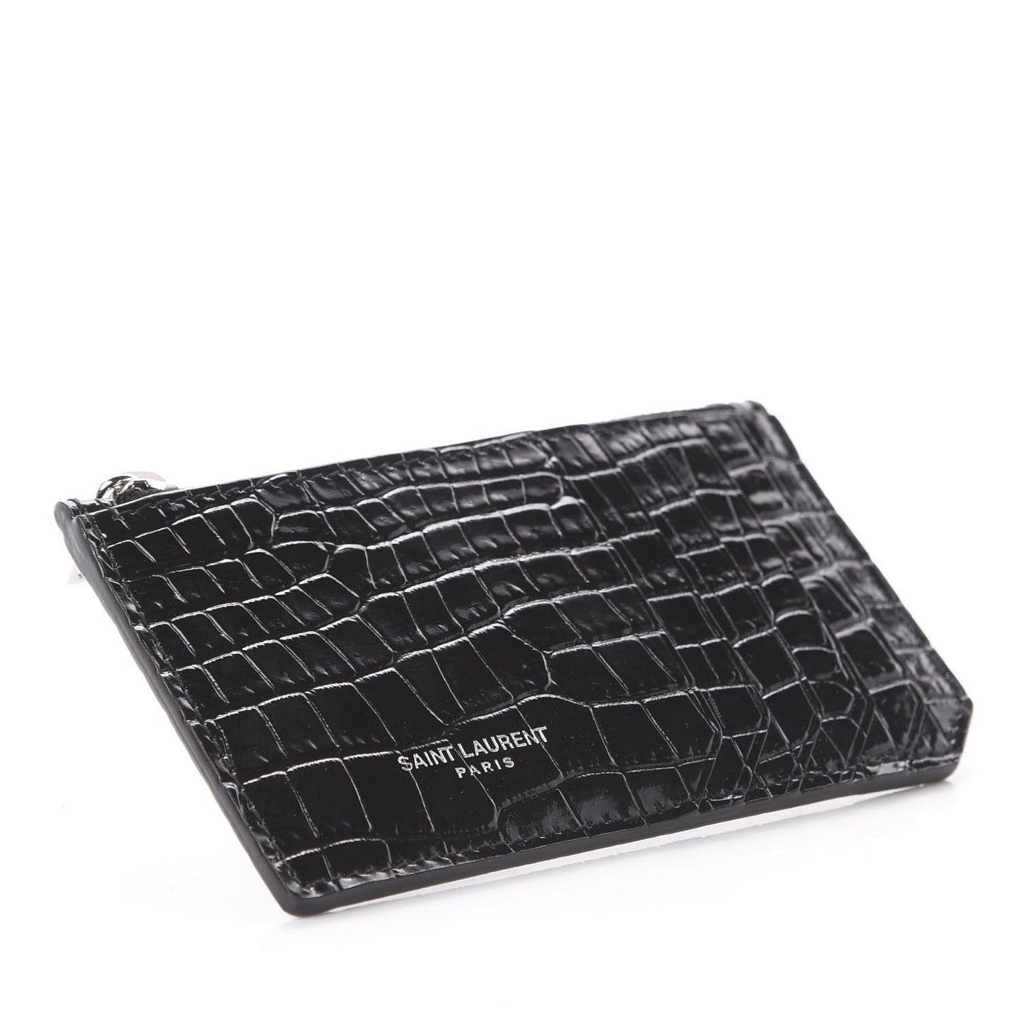 Calfskin Crocodile Embossed 5 Fragments Zip Pouch Card Holder Black