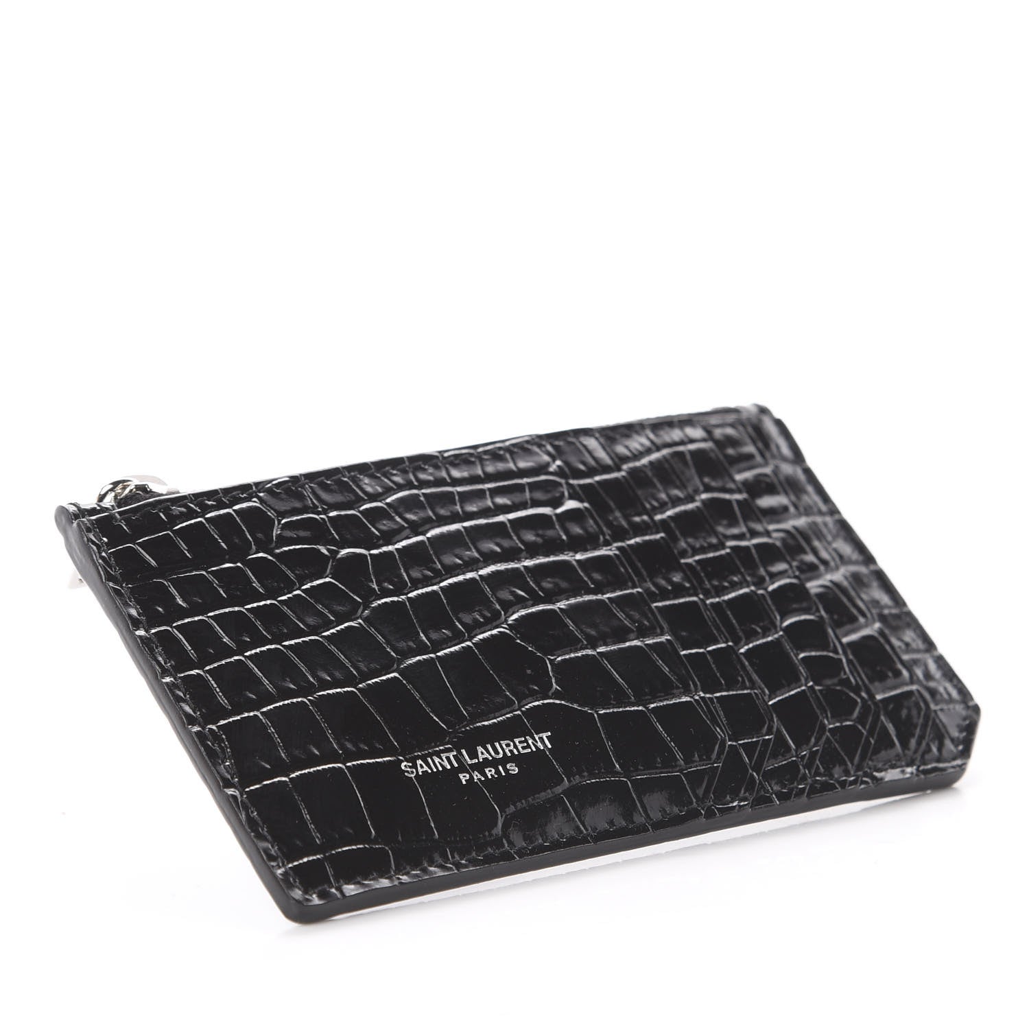 Saint Laurent Calfskin Crocodile Embossed 5 Fragments Zip Pouch Card Holder Black 3 of 5