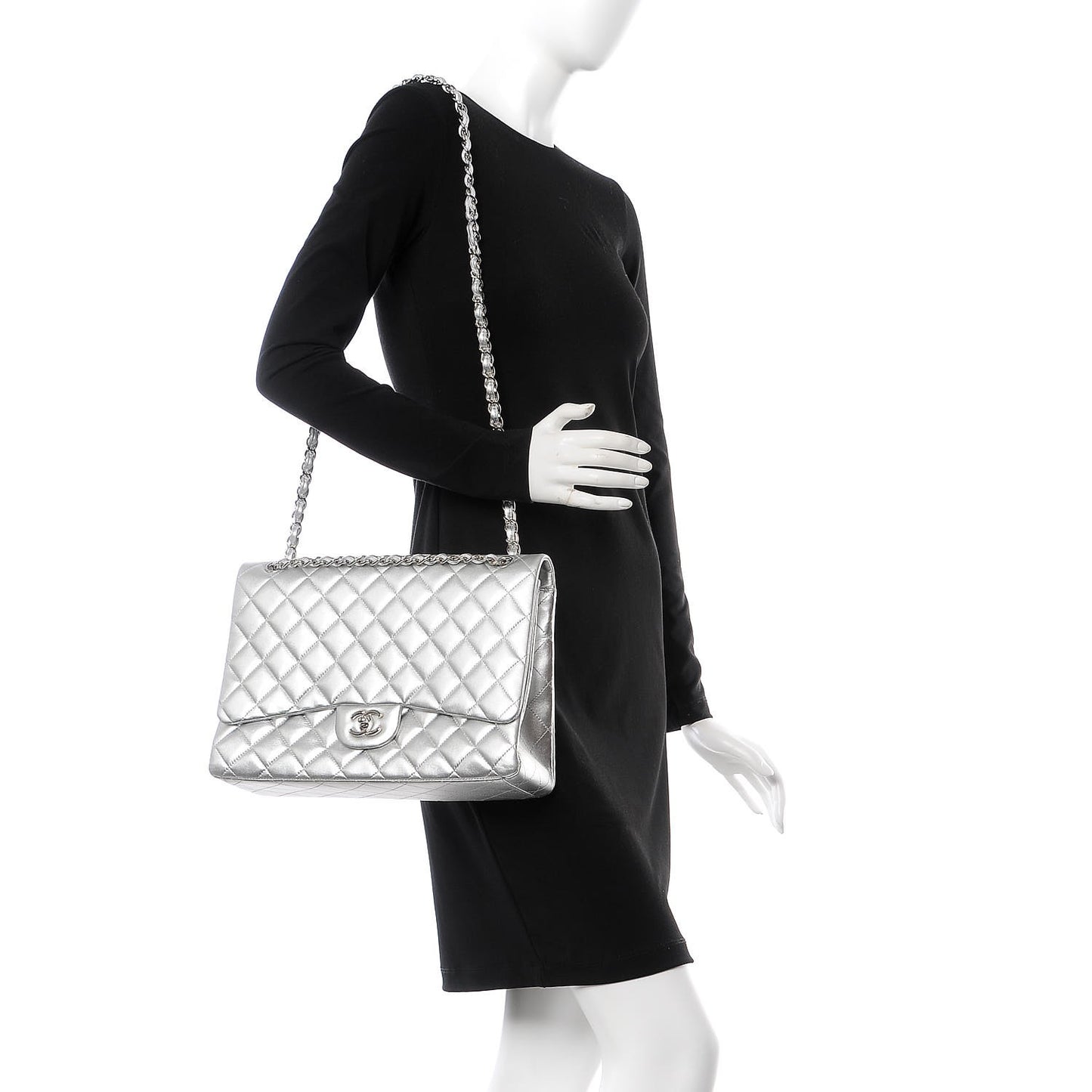 Metallic Lambskin Quilted Maxi Single Flap Silver