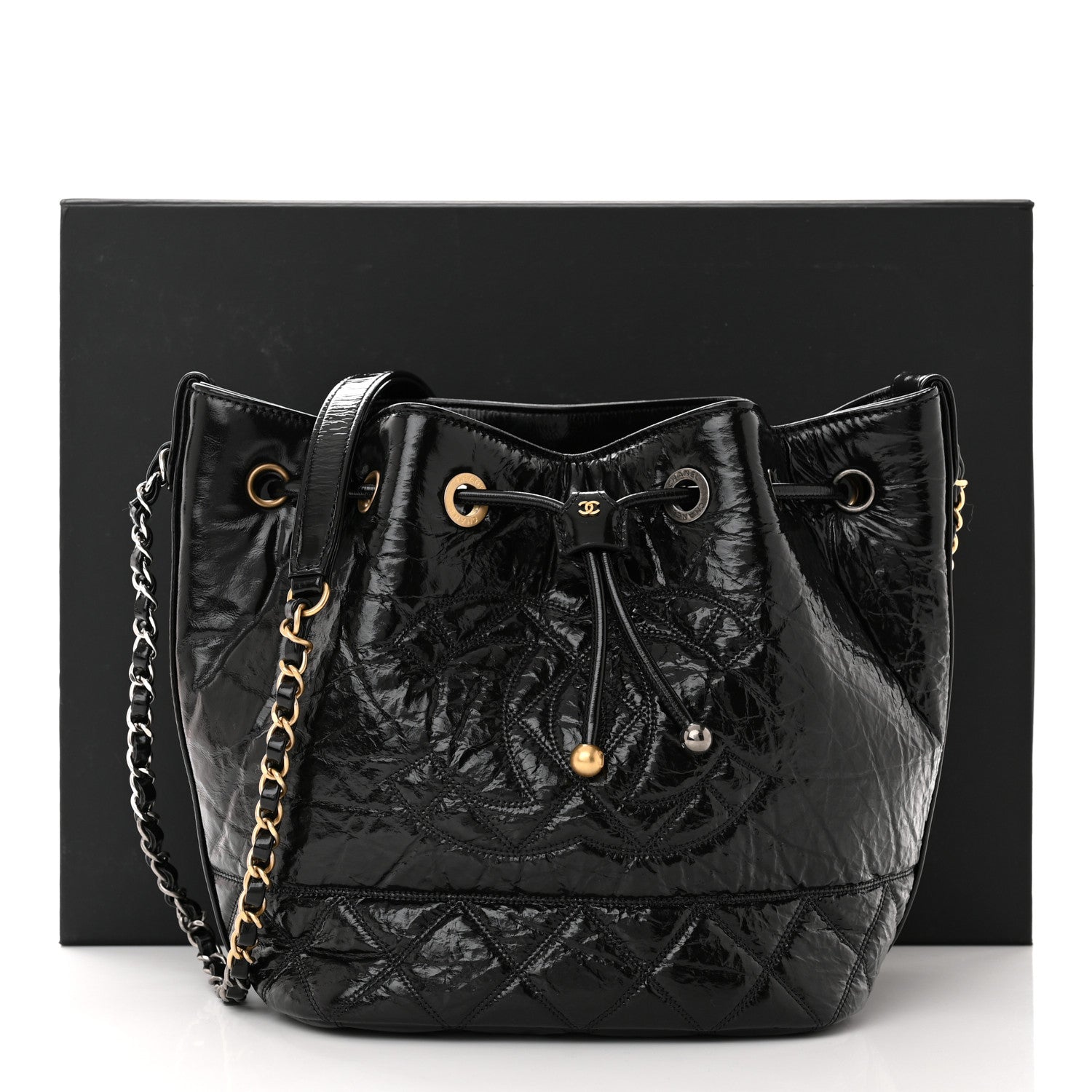 Chanel Shiny Aged Calfskin CC Chain Drawstring Bag Black 11 of 11