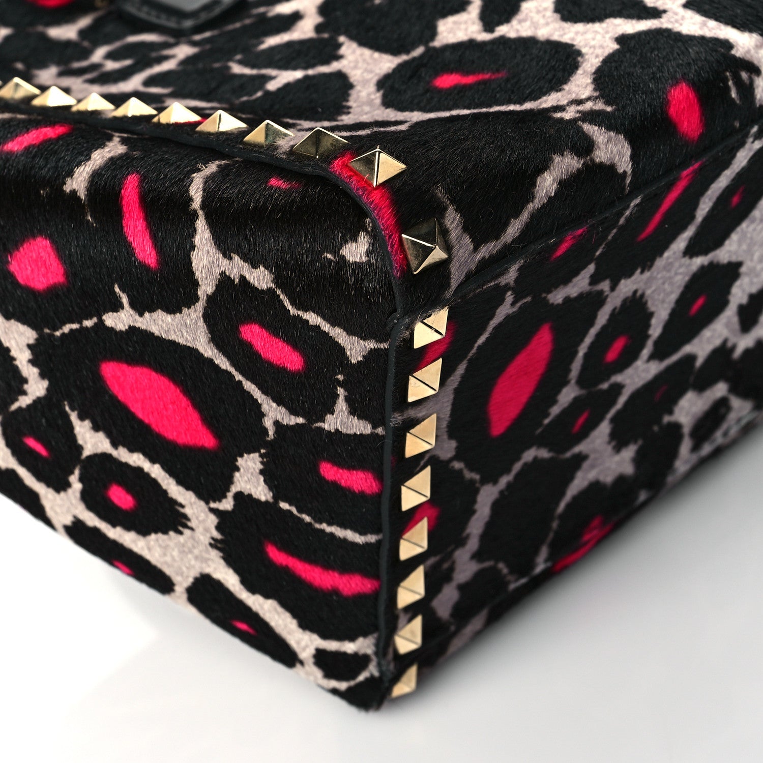 Valentino Garavani Calf Hair Leopard Print Small Rockstud Double Handle Tote Grey Pink 8 of 9