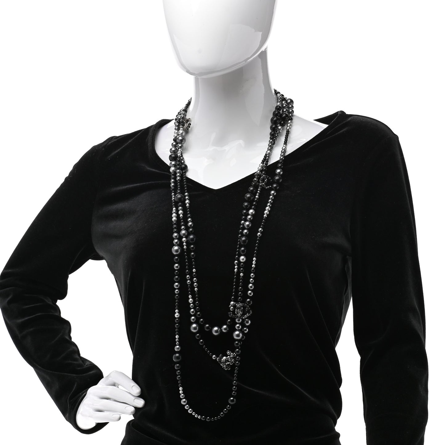 Resin Pearl Beaded CC Multi Strand Long Necklace Black Silver