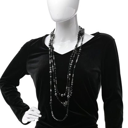 Chanel Resin Pearl Beaded CC Multi Strand Long Necklace Black Silver 2 of 7
