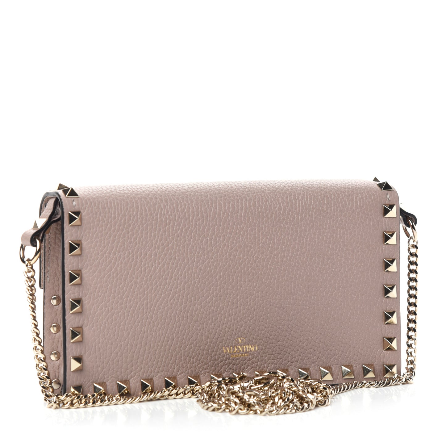 Pebbled Calfskin Rockstud Flap Wallet On Chain Poudre