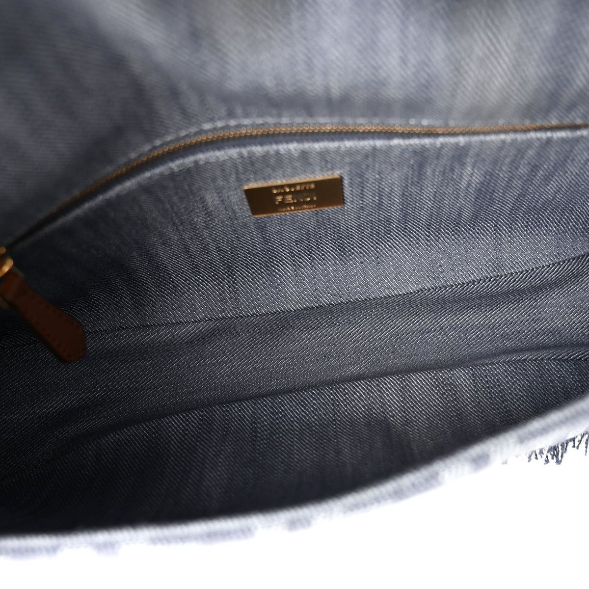 Denim Vitello King Fringe FF Embroidered Baguette Denim Myrtle Dark Nut