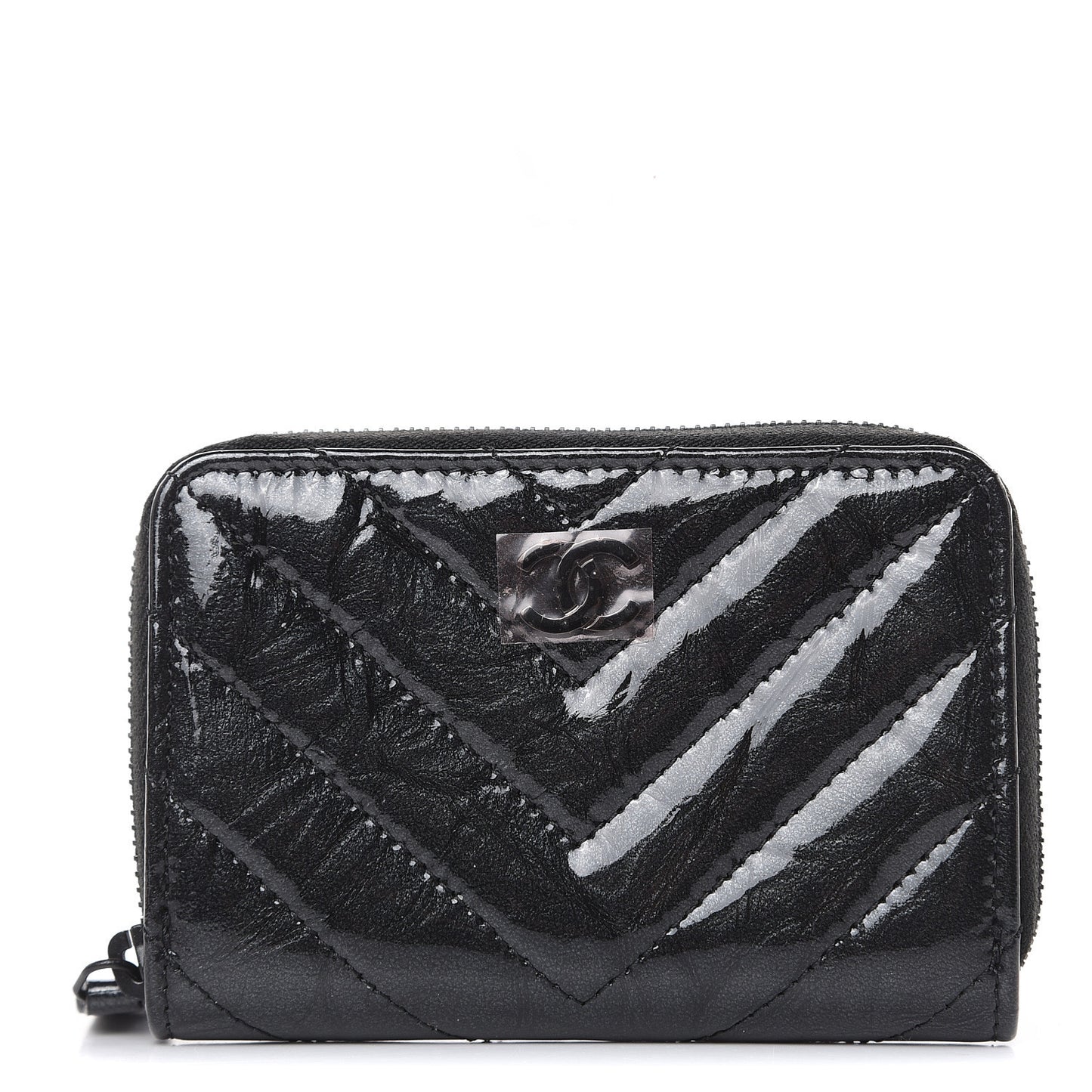 Patent Metallic Crumpled Calfskin Chevron Quilted Coin Purse So Black