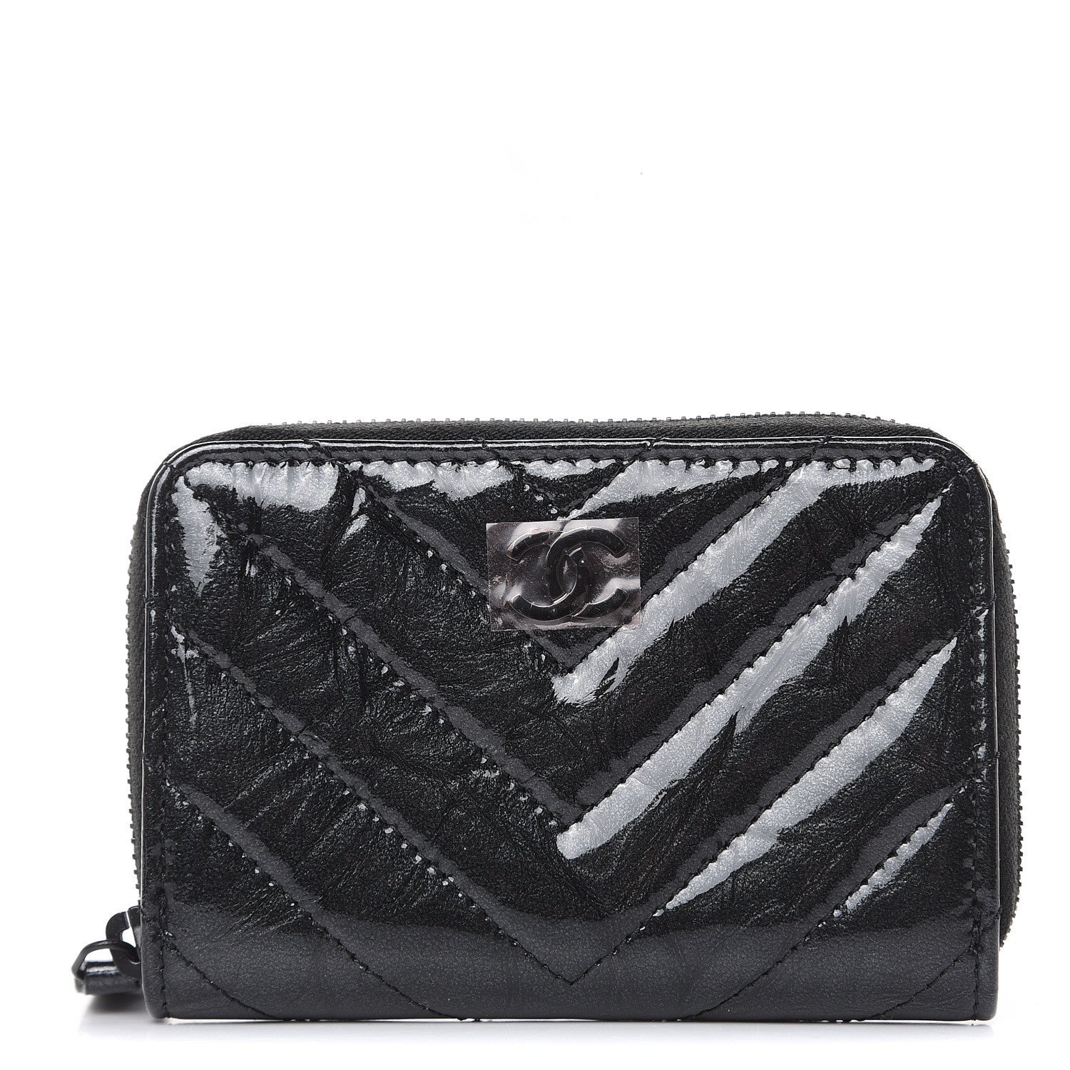 Chanel Patent Metallic Crumpled Calfskin Chevron Quilted Coin Purse So Black 1 of 8