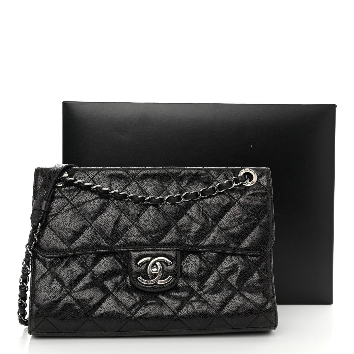 Crumpled Grained Calfskin Medium CC Crave Flap Black