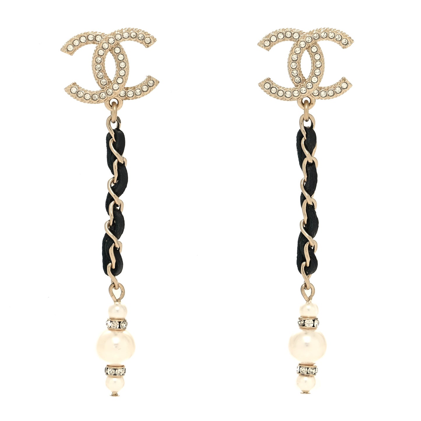 Lambskin Crystal Pearl CC Drop Earrings Gold Pearly White Black