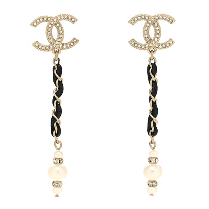 Chanel Lambskin Crystal Pearl CC Drop Earrings Gold Pearly White Black 1 of 4
