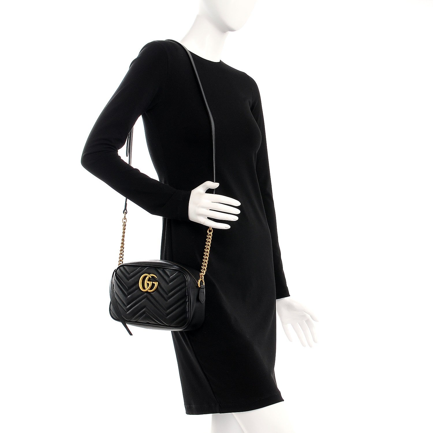 Gucci Calfskin Matelasse Small GG Marmont Chain Shoulder Bag Black 2 of 8