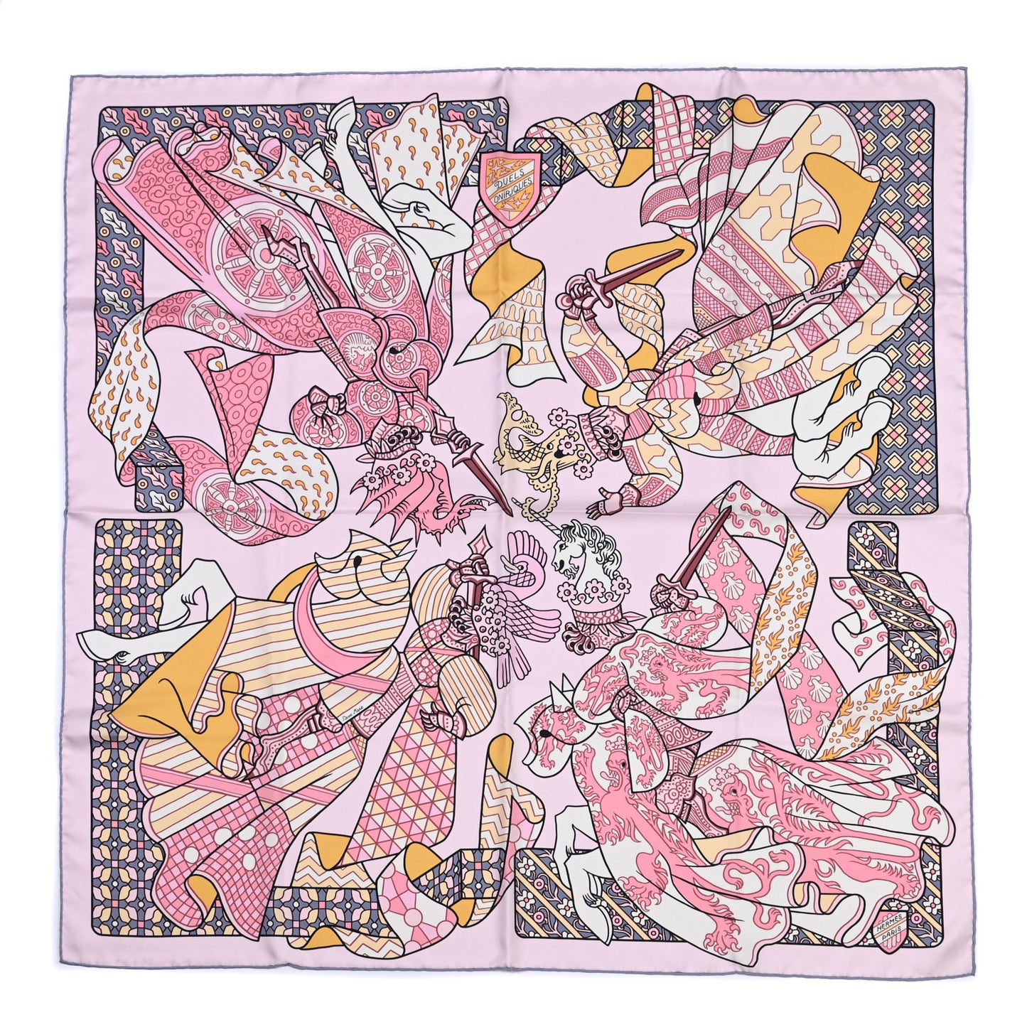 Silk Carre Duels Oniriques Scarf 90 Rose Pale Gris Jaune