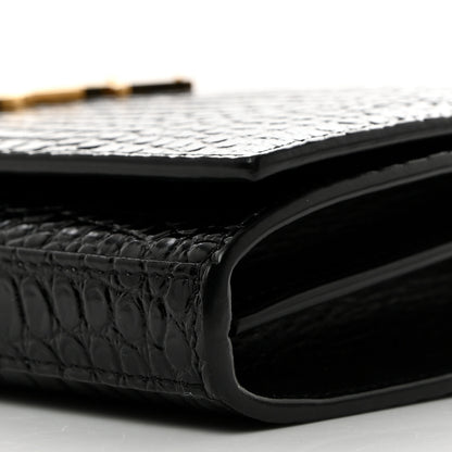 Saint Laurent Calfskin Crocodile Embossed Cassandre Wallet On Chain WOC Black 10 of 11